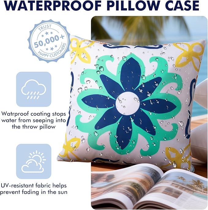 Outdoor Pillow Covers, 18x18 Inch Set of 4 Floral Printed and Boho Decorative Summer Outdoor Waterproof Throw Pillow Covers for Patio Funiture Garden (Blue)