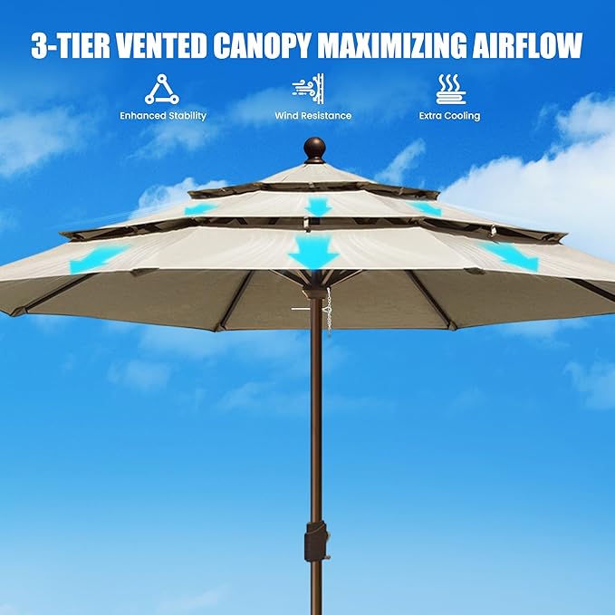 EliteShade USA 10-Year-Non-Fading 11ft 3-Tier Market Patio Umbrella, Commercial Grade Outdoor Table Umbrella with Crank Open, Windproof & UPF 50+ UV Protection, Heavy Duty Ventilation for Garden, Deck, Pool, Backyard, Beach & Bistro, No Tilt, Antique B...