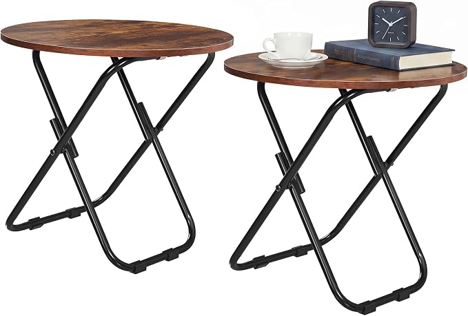 VECELO 17.7" Small Folding Table Set of 2,Round Patio Outdoor Side Table, Foldable Wooden Table with Weather Resistant Steel Frame, Patio Table for Camping Picnic Garden Small Space