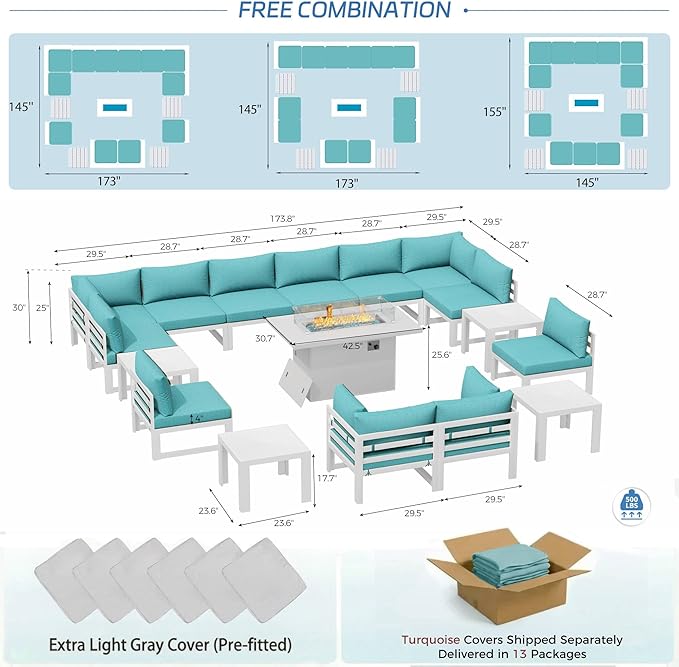 NICESOUL 17 Piece Extra Large Aluminum Outdoor Furniture Set with Fire Pit Table Propane/Gas, Rust-Proof Luxury Patio Sectional with Coffee Table, Comfortable Conversation Sofa for Outside Yard, Teal