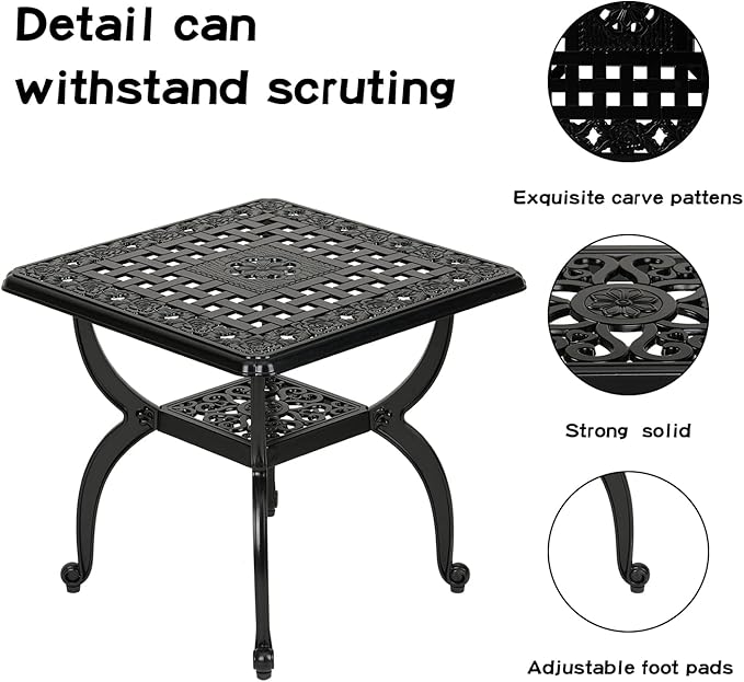 YKSY&YKSY Jardin DE Centennial Cast Aluminum Outdoor Side Table,Anti-Rust Outdoor End Table,Patio Coffee Bistro Table for Indoor,Garden,Porch,Balcony(Square Black)