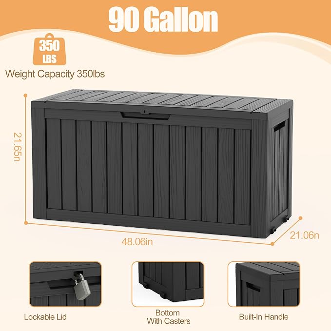 Outdoor Storage Box, 90 Gallon Resin Deck Box, Indoor Outdoor Waterproof Storage Bins With Wheels for Patio Cushions, Gardening Tools, Lockable, Black