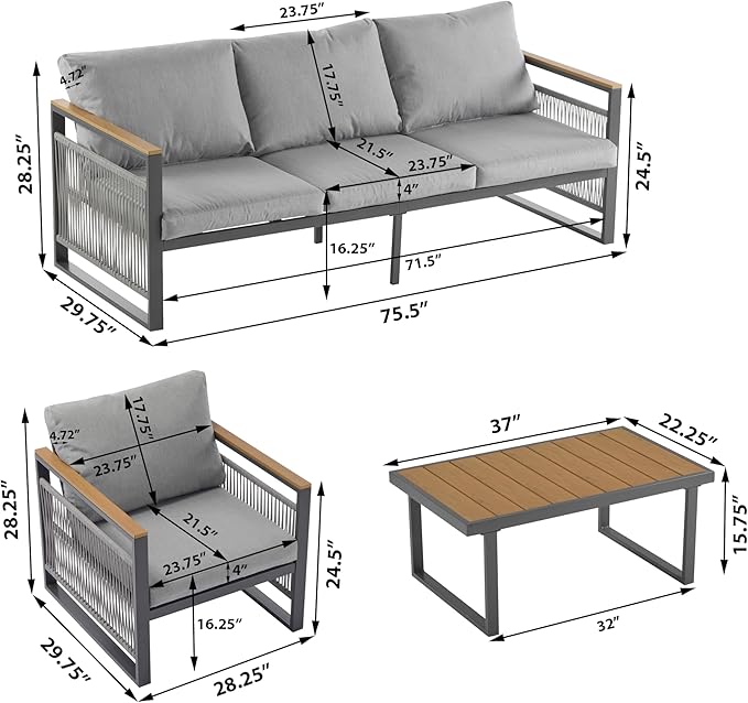 Christopher Knight Home Lena Patio 4 Pieces Conversation Set, Rope Woven Club Chairs and 3 Seater Sofa, Metal Frame Armchair, Slat Panel Coffee Table, Furniture Set for Backyard Garden Poolside, Gray