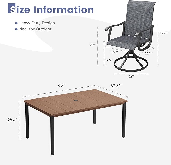 VICLLAX 7 Pieces Patio Dining Set, Patio Furniture Set of 6 Patio Swivel Dining Chairs and Rectangular Patio Table, Dark Charcoal Chairs & Walnut Tabletop