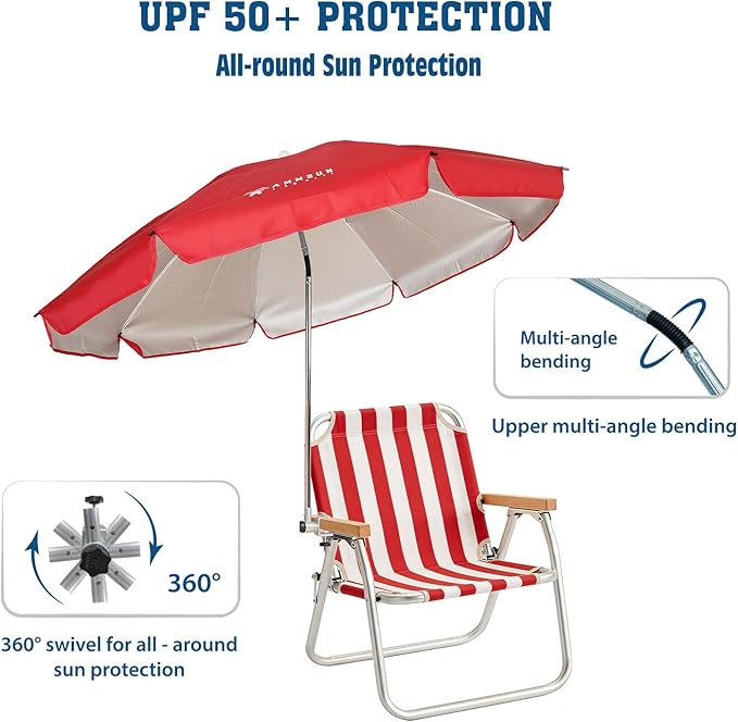 AMMSUN Chair Umbrella with Universal Clamp Adjustable 47 inches and 360° Swivel & UPF 50+ Protection Portable Sun Umbrella, Secure Clip on Camping/Beach Chairs, Stroller, Wheelchair, Golf cart, Lounger, Red, Large-sized