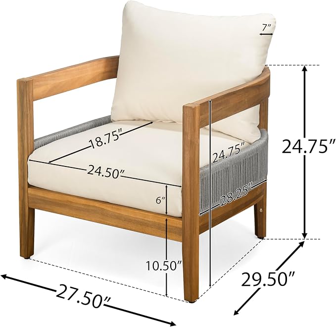 Merax 27.5" Outdoor Curved Accent Chair with All-Weather Cushions Set of 2, Acacia Wood Frame Single Club Chair for Porch, Lawn, Backyard, Balcony, Teak+ Beige