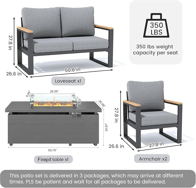 Sundale Outdoor Aluminum Patio Furniture Set, 4 Piece Outdoor Conversation Sets with Fire Pit and 6" Thick Olefin Cushions, All Weather Outdoor Sectional Set for Deck, Lawn, Yard (Grey)