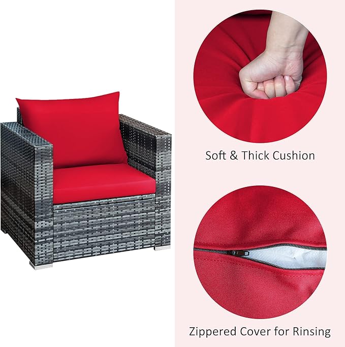 Tangkula 3 Pieces Patio Furniture Set, PE Rattan Wicker Sofa Set w/Washable Cushion and Tempered Glass Tabletop, Outdoor Conversation Furniture for Garden Poolside Backyard
