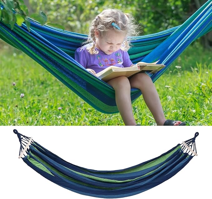IMIKEYA Outdoor Travel Hammock Double Camping Hammock with Curved Bars 190x100cm Blue Striped for Hiking and Backyard