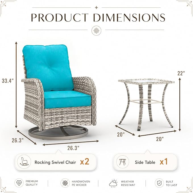 3-Piece Small Patio Furniture Set, Outdoor Swivel Rocking Chairs Set with Wicker Chairs and Tempered Glass Side Table, Outdoor Furniture Patio Bistro Set for Balcony, Deck, Porch