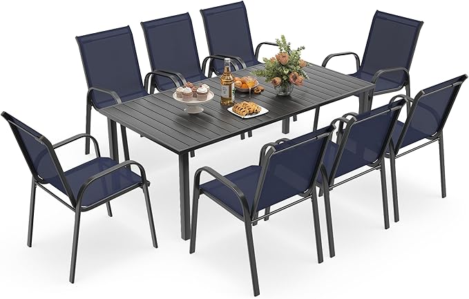 HAPPATIO Outdoor Patio Dining Set, 8 Quick Dry Textilene Dining Chairs and Dining Table with Umbrella Hole, Stackable Textilene Chairs for Garden, Patio and Poolside Backyard, Blue