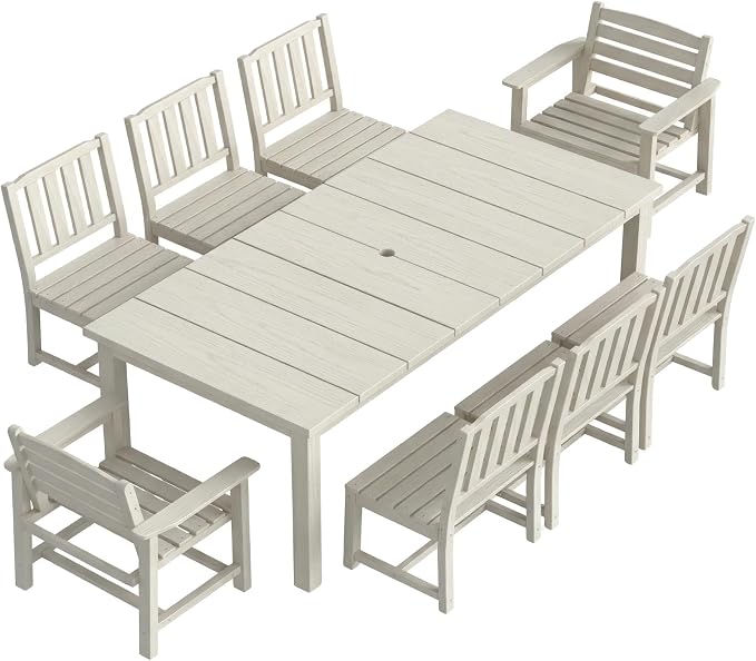 Kingdura 9 Piece Patio Dining Set for 8, 75.2'' HDPE Outdoor Dining Table Set with 2" Umbrella Hole, Weather-Resistant Outdoor Furniture, Table and Chairs Set for Backyard Pool Garden, White