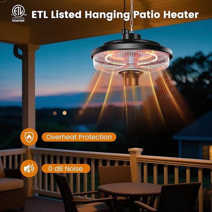 Fanspex Hanging Patio Heater, 1500W Electric Infrared Heaters for Home, Gazebo, Garage, Greenhouse, Ceiling Mount with Overheat Protection, IPX4 Water Resistance, Adjustable Height (Silver)