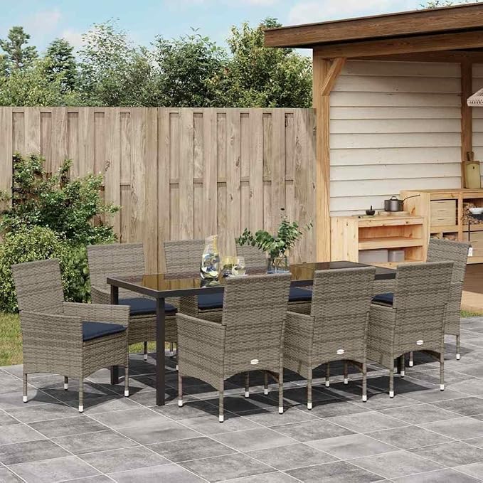 9-Piece Outdoor Dining Set with Cushions, Grey PE Rattan Patio Table and 8 Chairs for Garden, Backyard, and Deck
