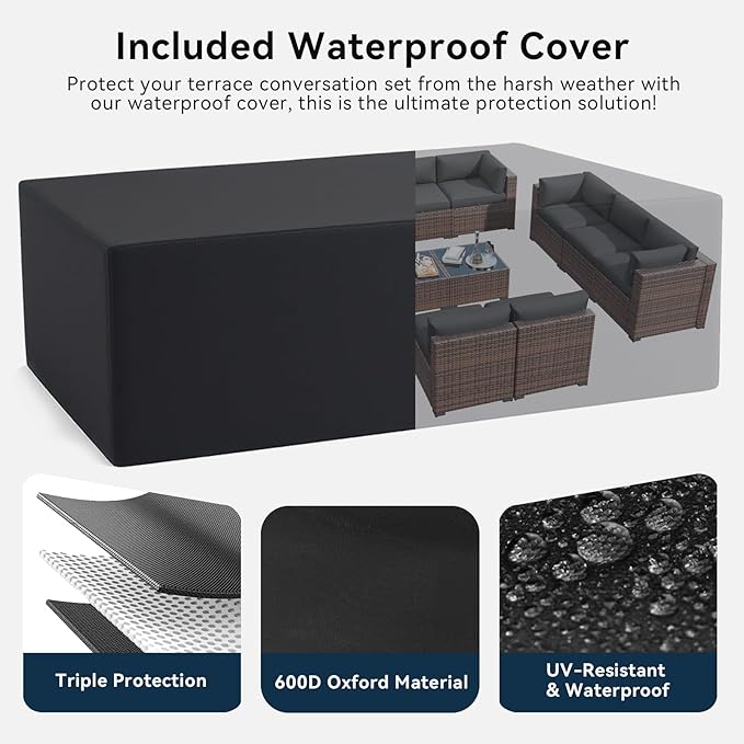 LazySunsets 14 Piece Outdoor Patio Furniture Set with Coffee Table, Outdoor Patio Furniture Sets with Waterproof Cover and Thicken Cushion, Wicker Outdoor Conversation Set for Backyard & Garden, Grey