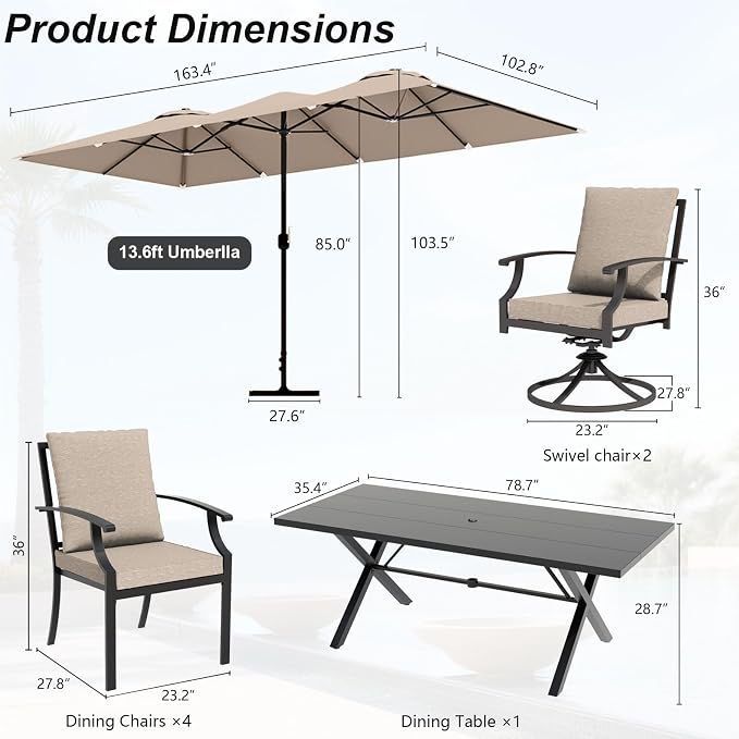 8 Pieces Patio Dining Set with Brown Umbrella,Outdoor Furniture Set Includes Hole Cut-Out Table and 4 Metal Backrest Chairs and 2 Swivel Chairs for Backyard,Garden,Poolside,Brown