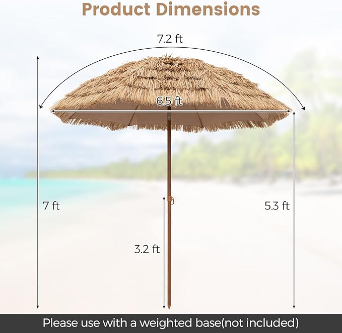 Tangkula 7.2Ft Tiki Patio Umbrella, Hawaiian Style Outdoor PE Grass Umbrella with Tilt Adjustment, 8 Ribs, Portable Thatched Beach Umbrella for Garden, Yard, Poolside