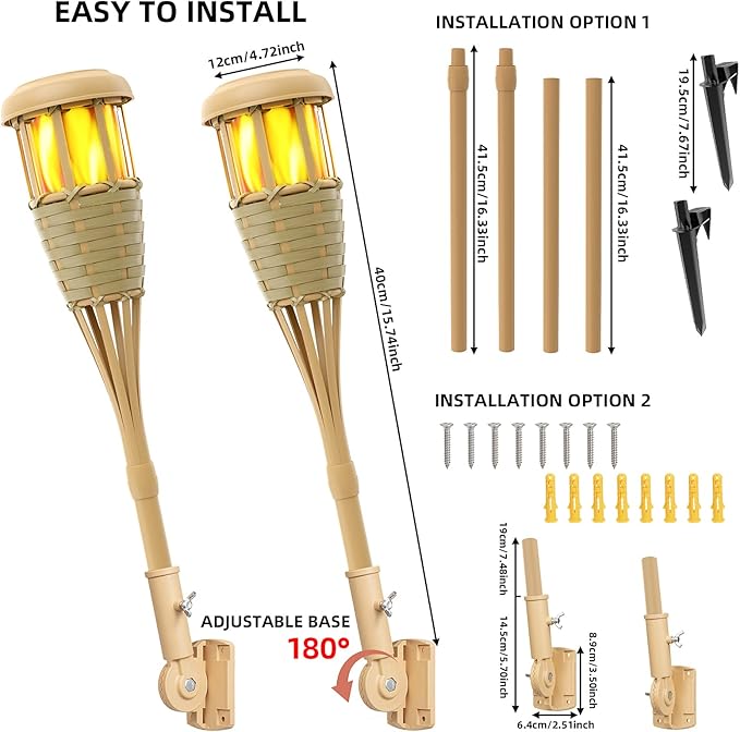 Upgraded Flickering Flames Solar Powered Lights - Solar Torches Waterproof Outdoor Decorative Lighting, Handmade Bamboo Finish, 2-Pack