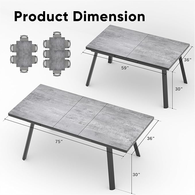 RoyalCraft 9-Piece Outdoor Dining Set with Adjustable Length Dining Table, 75" L×36" W Expandable Patio Table and Chairs Set for 8, Aluminum Stackable Chairs with Quick Drying Fabric for Porch, Grey