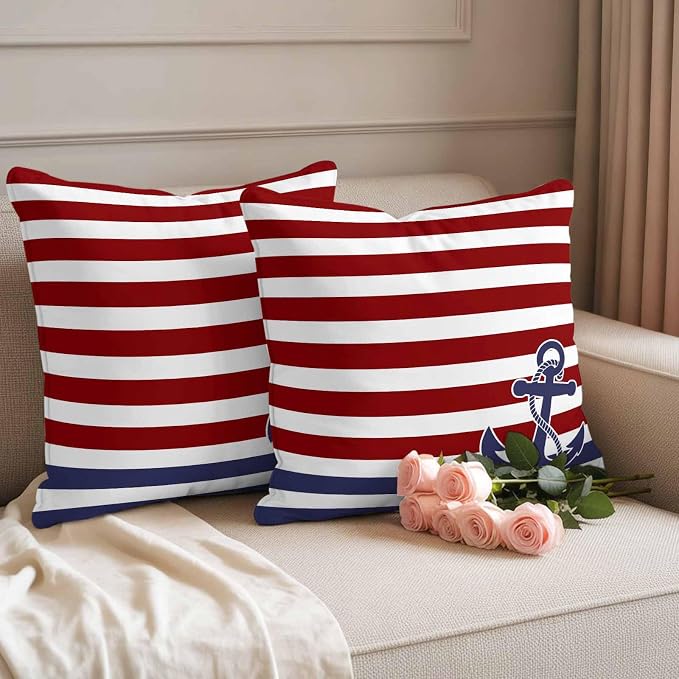 Throw Pillow Covers 24x24 Inch Set of 2, Anchor Red Waterproof Outdoor Cushion Covers, Modern Navy Blue White Striped Nautical Decorative Pillowcases for Couch, Sofa, Bed, Garden, Patio