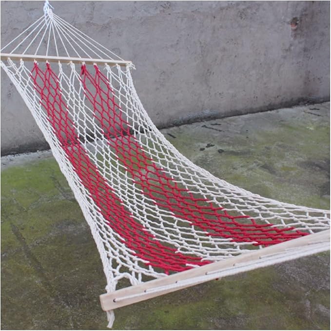Portable Cotton Rope Hammock with Wooden Sticks Outdoor Camping Mesh Leisure Lightweight Easy to Carry Hammock Comfortable(Rojo)