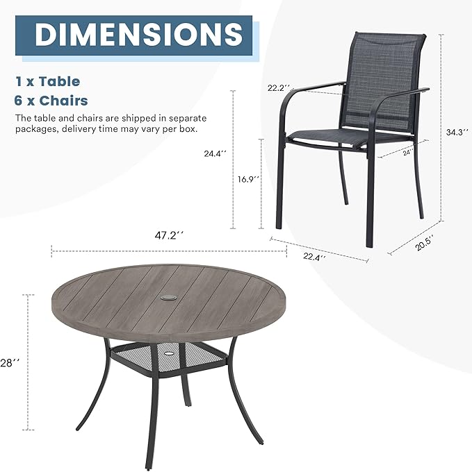 DIFY Outdoor Dining Set for 6, Patio Dining Furniture Set Includes 47.2" Grey Wood-Like Round Table with Adjustable Umbrella Hole and 6 Grey Stackable Metal Chairs for Poolside, Garden, Backyard