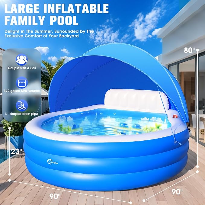 2026 Upgraded Inflatable Pool with Canopy, Inflatable Family Lounge Pool, Round Blow Up Pool for Adult with Bench & Backrest, Swim Center Easy Backyard Pools for Adults, 90"x90"x80", Light Blue