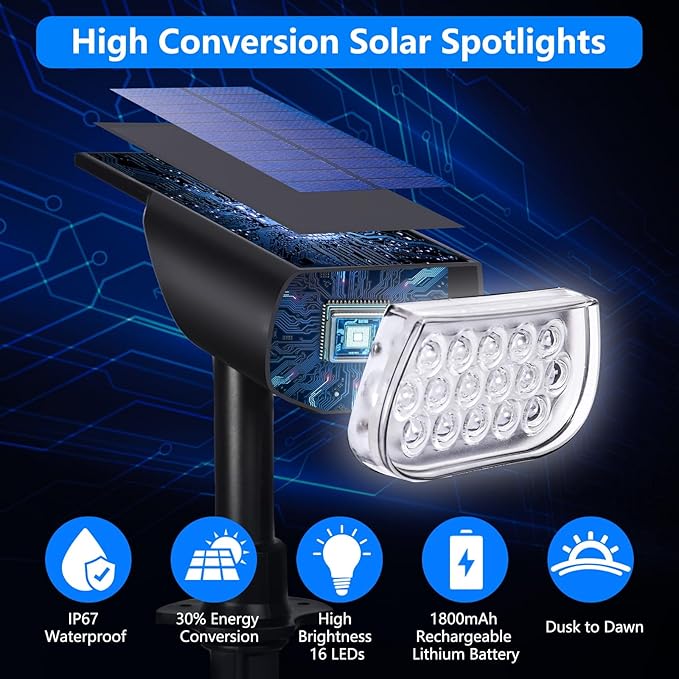 Solar Spot Lights Outdoor, IP67 Waterproof Landscape Spotlights 3 Lighting Modes Solar Outdoor Lights Dusk to Dawn for Yard Garden Pathway 6 Pack