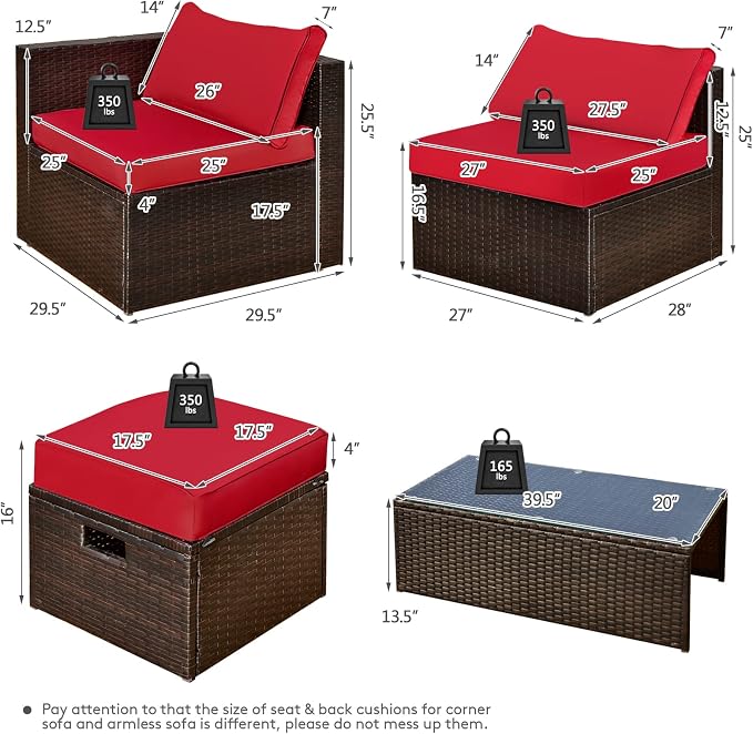 RELAX4LIFE 8-Piece Patio Furniture Set - PE Wicker Conversation Set w/Cushions, Pillows, Tempered Glass Table, Storage Box, Outdoor Sectional Sofa Set for Yard, Deck (Red)
