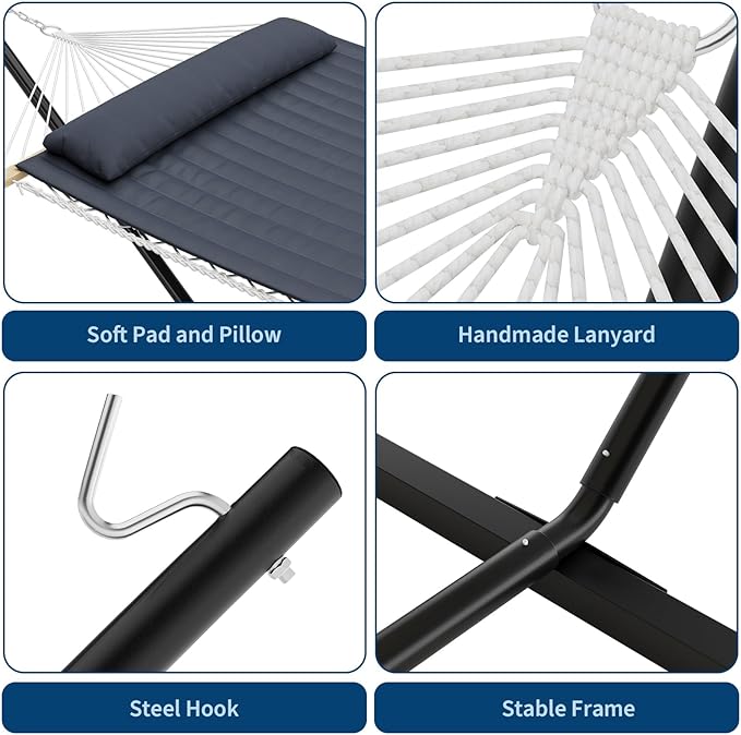 Double Hammock with Stand,450lbs Capacity, 2 Person Cotton Rope Portable Hammock with Polyester Quilted Pad and Pillow,for Garden Yard,Camping and Patio.Dark Dray.