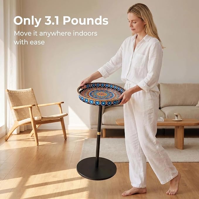 Gesodant Boho Single Leg Round Side Table with Tray Top, Pedestal Drink Table for Small Spaces, Aesthetic Accent Nightstand for Living Room, Bedroom, Corners, and Office (Peacock)
