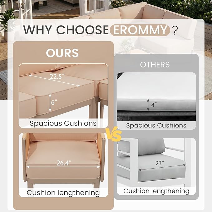 EROMMY 7 Pieces Patio Sectional Furniture Set, Metal Frame Outdoor Conversation Set with 6" Thick Cushions & Coffee Table, All-Weather U-Shape Sectional Sofa for Poolside, Deck, Backyard, Beige