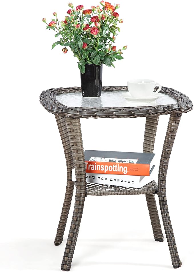 5 Pieces Outdoor Wicker Chair Set - Wicker Patio Furniture Set with 2 Chairs, 2 Ottomans and 1 Side Table for Backyard, Porch, Balcony(Mixed Grey/Red)
