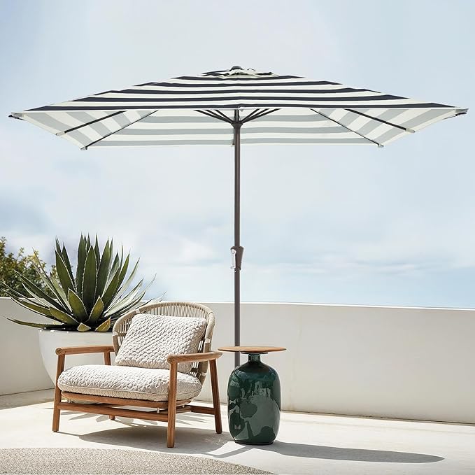 JEAREY 8x10 ft Rectangular Patio Umbrellas Outdoor Table Market Umbrella w/Crank, 8 Sturdy Ribs, UV Protection Windproof Sunproof for Garden, Deck, Backyard, Pool(Beige & Black Striped)