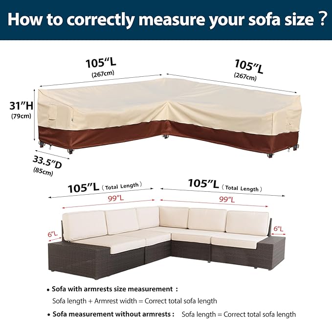 Outdoor Sectional Cover Patio Furniture Covers Waterproof Rip-Stop Anti-UV 600D Heavy Duty Couch Sofa Cover with 3 Air Vent (Beige & Reddish Brown, V-Shaped-105''X105'')