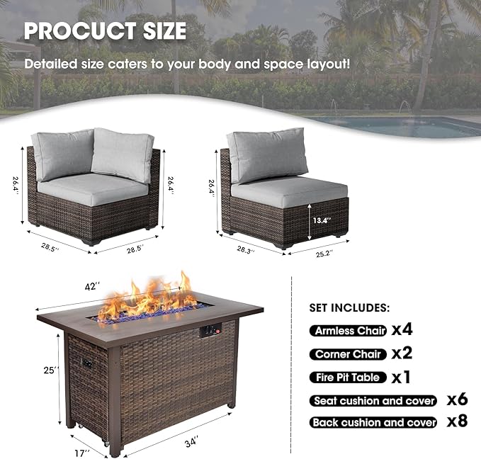 7 Piece Patio Furniture Set with 44" Fire Pit Table, Outdoor Sectional Couch, PE Rattan Patio Conversation Sets with 4inch Cushions for Backyard Grey (GY)
