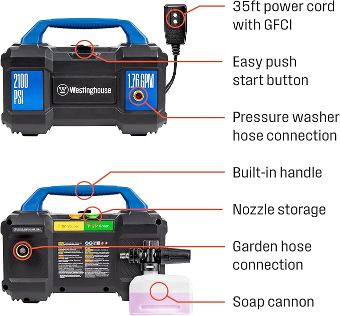 Westinghouse ePX3100v Electric Pressure Washer, 2100 Max PSI 1.76 Max GPM, Built-in Carry Handle & Universal 15” Pressure Washer Surface Cleaner Attachment