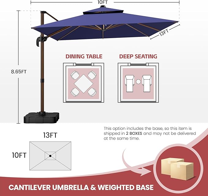 GENTEACO 10x13FT Rectangle Cantilever Patio Umbrella w/Base Included, Deluxe Wood Pattern Pole & 7 Angle Tilts, 360° Rotation, Offset Hanging Market Umbrellas for Garden Pool Patio, Navy Blue