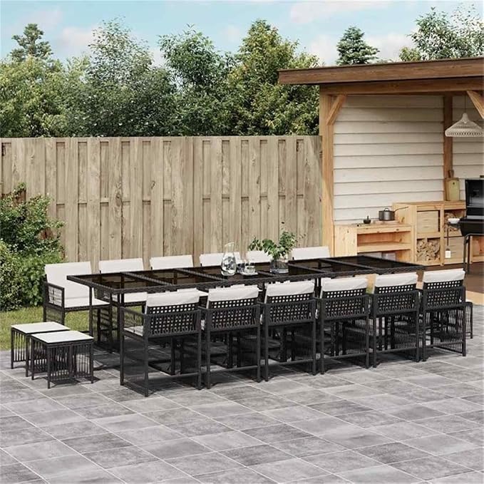 Afuera Living 17-Piece Patio Dining Set, Black Poly Rattan with Cream Cushions, Includes Rectangular Garden Table, Folding Chairs, Stools, Powder-Coated Finish, Outdoor Furniture for Garden or Terrace