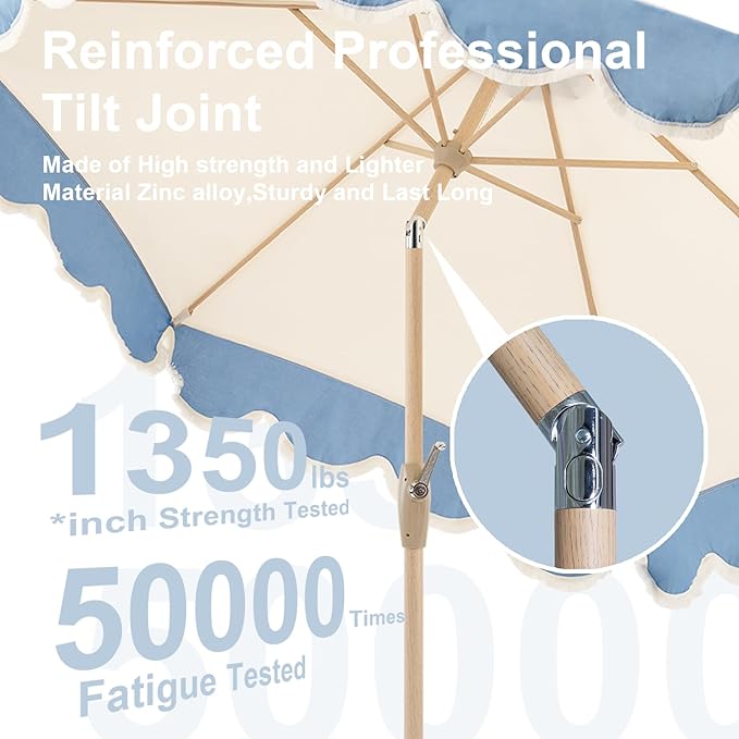 Tempera 9ft Beige Spliced Twilight Blue Tassels Scallop Patio umbrella,Outdoor Table Market Umbrellas with Crank & Pust Button Tilt, Wood Color Pole and 8 Steel Ribs