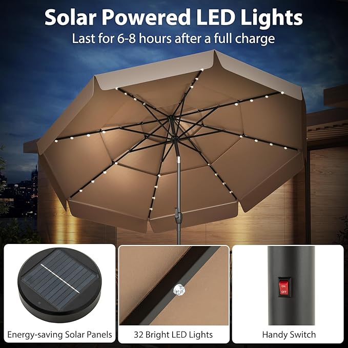 Tangkula 10 FT Solar LED Patio Umbrella, 3-Tiers Scalloped Outdoor Table Market Umbrella with 32 LED Lights, Tilt Adjustment, Crank, 8 Sturdy Ribs for Pool, Deck, Backyard (Tan)