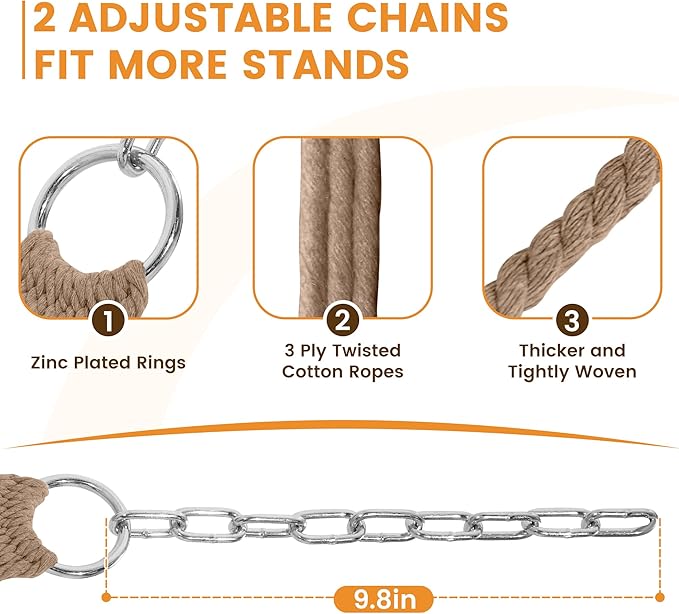 Lazy Daze Hammocks 12FT Double Rope Hammocks, 2 Person Hand Woven Cotton Hammock with Spreader Bar, Carabiner, Tree Strap, Chain for Outside, FIT 13-15 FT Stand, Max 450 Lbs, Brown