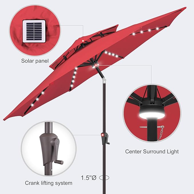 9ft Solar Umbrella Outdoor - 2 Tiers Lighted Solar Patio Umbrella with 40 LED Lights Waterproof UV Protection, Table Umbrella with Tilt for Pool, Porch, Garden, Backyard (Red)