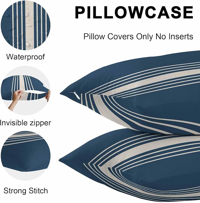 Navy Blue Beige Striped Outdoor Pillow Covers 26x26 Inch Throw Pillow Covers Set of 2 Waterproof Decorative Pillow Cases Modern Farmhouse Retro Lines Cushion Covers for Patio Furniture Garden Couch