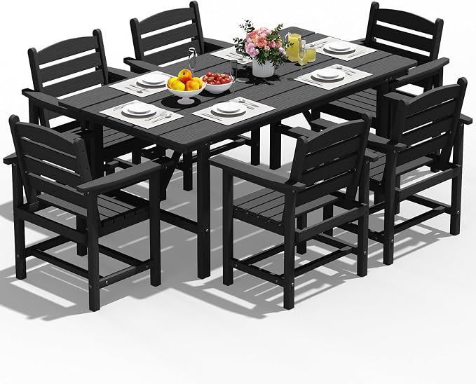 PLUUV Outdoor Patio Dining Set for 6, 66" HDPE Table with Umbrella Hole Cut-Out & 6 Chairs, Wood-Like Texture, All-Weather Furniture for Backyard, Garden, Porch, Black