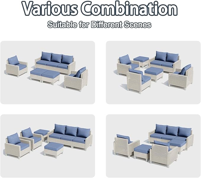 Outdoor Patio Furniture Set with Fire Pit Table 15-Piece Modular Wicker Sectional Sofa with Ottomans and Thick Cushions, Modern Rattan Outdoor Conversation Couch, Navy