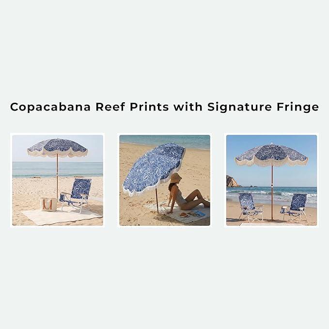 6FT Fringe Beach Umbrella for Sand, Boho Coastal Patio Umbrella with Tassels, UPF 50+ Sun Protection, Tilt, Carry Bag for Beach Vacation & Pool, Reef Indigo