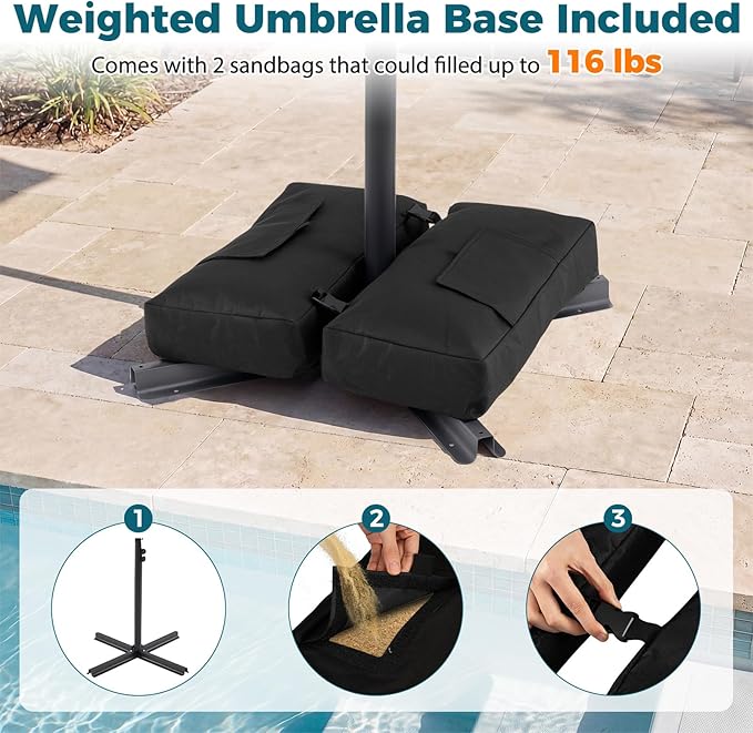 Tangkula 10ft Patio Umbrella with Base Included, Offset Cantilever Outdoor Umbrella with 360 Degree Rotation, 2 Sandbags, Crank Handle for Pool Deck Garden Backyard