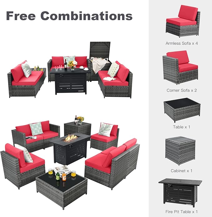 Tangkula 9 Pieces Patio Rattan Furniture Set, Patiojoy Sectional Sofa Set w/Fire Pit Table, Storage Box, Coffee Table, Outdoor Wicker Conversation Set w/ 42” ETL Approved Propane Fire Pit Table (Red)