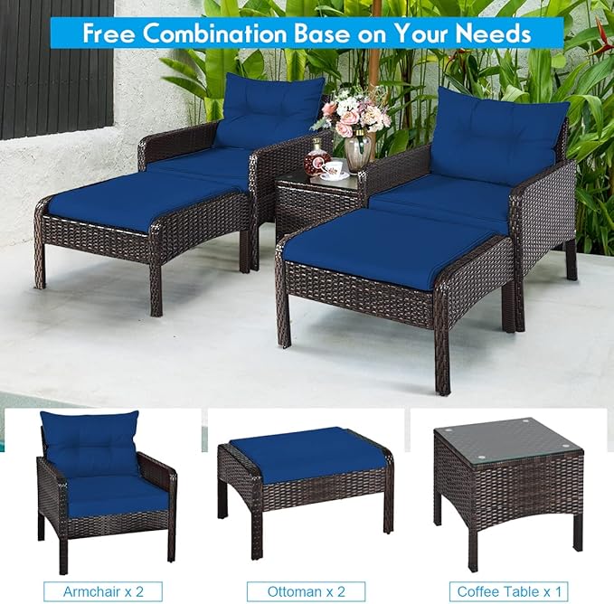 Tangkula 5 Pieces Wicker Patio Furniture Set, All Weather PE Rattan Outdoor Cushioned Sofas and Ottoman Set, 2-Person Outside Conversation Set for Lawn, Poolside, Yard, Balcony, Deck, Navy